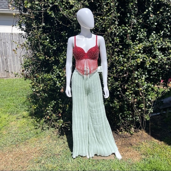 NWT Lovers + Friends Seafoam Belted Palazzo Puddle Leg Trousers Seafoam … - Picture 2 of 14